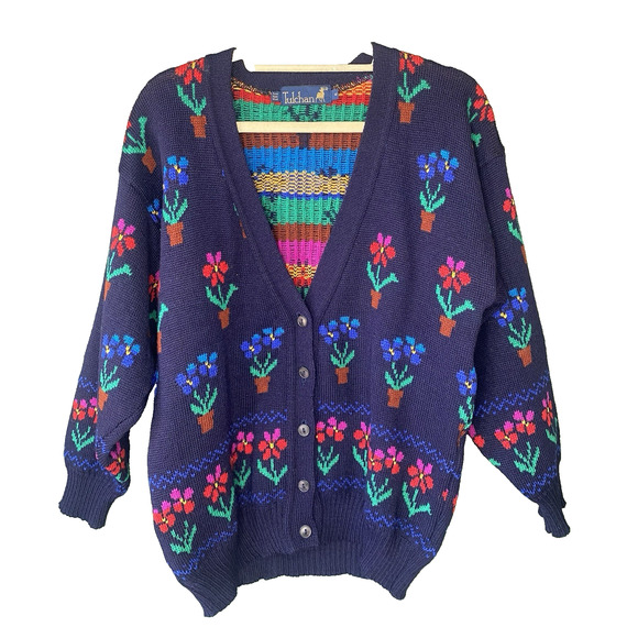 Vintage Tulchan Cardigan Womens Medium Pure Wool Floral Cottagecore Twee Sweater - Picture 1 of 8